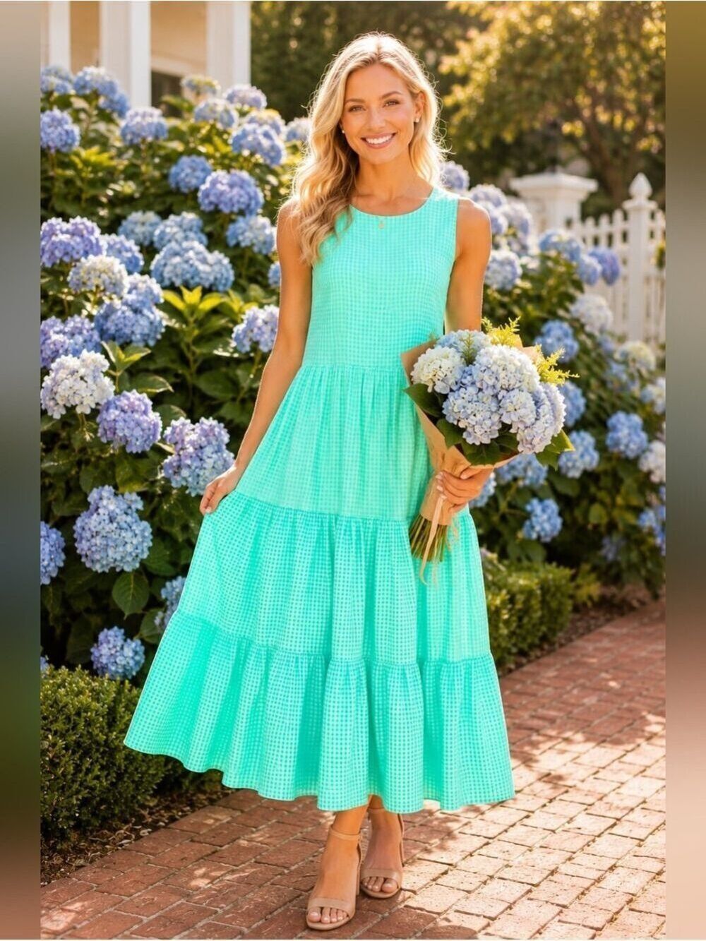 Lands' End M Mint Gingham Tiered Maxi Dress Country Club Style Preppy Chic